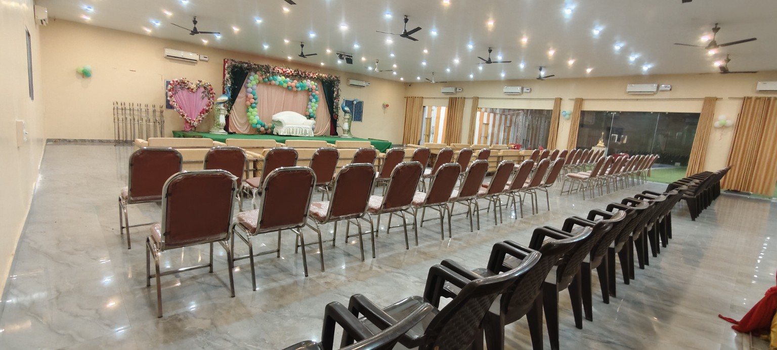 Wedding stage and banquet hall setup at Aamantran Greens Dhanbad